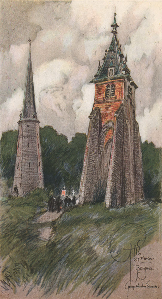 BERGUES. The Towers of St. Winoc. Nord 1916 old antique vintage print picture